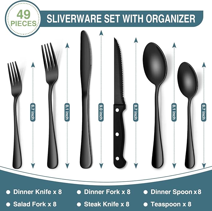 Black Silverware Set, Umite Chef 49-Piece Flatware Set with Drawer Organizer, Durable Stainless Steel Cutlery Set for 8, Tableware Eating Utensils with Steak Knives for Home Restaurant