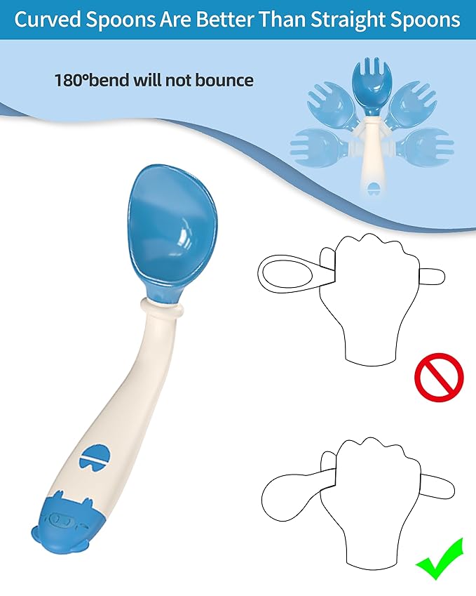 Deejoy Toddler Utensils, Self-feeding Flatware Set withTravel Case, Baby Spoons and Forks with Silicone Bendable Handle, Easy Grip Heat-Resistant, Ideal for Kids, Stage 2 (Blue)