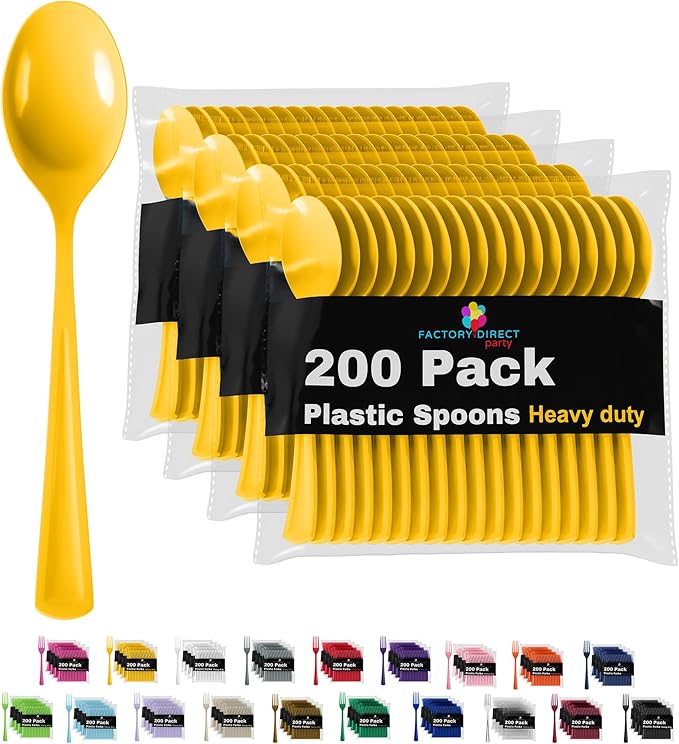 Party Solids Heavy Duty Plastic Cutlery - 200 Pieces, Disposable Yellow Plastic Spoons - Flatware, Silverware