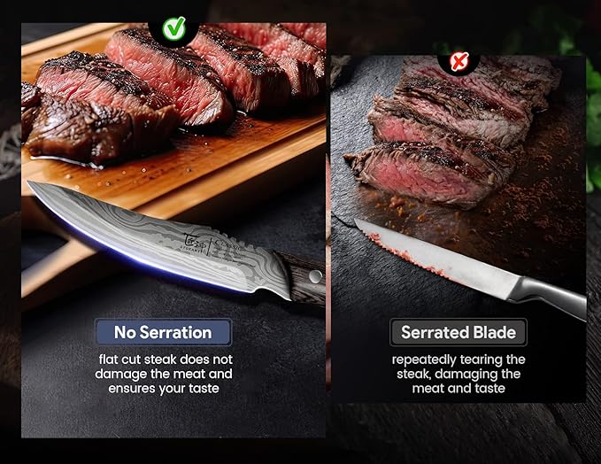 Steak Knives Set of 2, 4.8 Inch High End Japanese Style Fine Edge Meat Knife with Wood Handle, Damascus Pattern Full Tang Design, Super Sharp Dinner Knives with Exquisite Box, Cooking Gifts