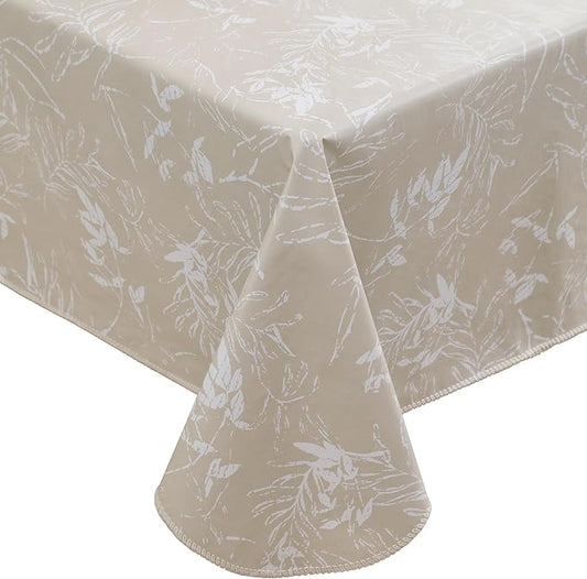 Heavy Duty Vinyl Tablecloth with Flannel Backing Waterproof Oil-Proof Plastic Table Cloth Stain-Resistant Wipeable Rectangle or Square Table Cover for Indoor and Outdoor (Beige Leaf，60x102 Inch)