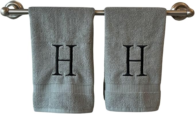 Gray Initial Hand Towel for Bathroom - Monogrammed Luxury Hotel Quality Decorative Embroidered Towel for Powder Room, Spa - GOTS Organic Certified - Set of 2 Black Letter H