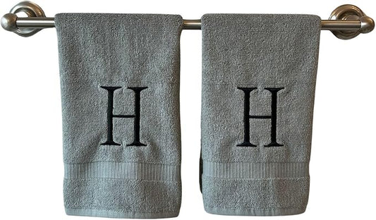 Gray Initial Hand Towel for Bathroom - Monogrammed Luxury Hotel Quality Decorative Embroidered Towel for Powder Room, Spa - GOTS Organic Certified - Set of 2 Black Letter H