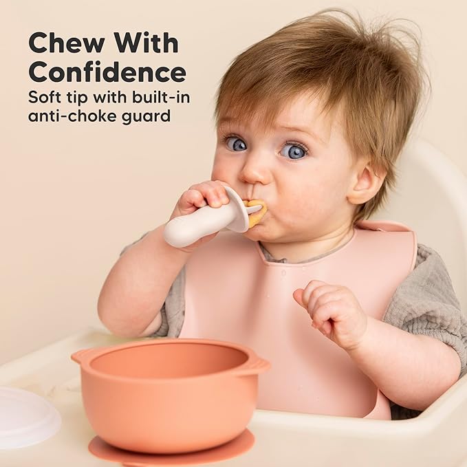 KeaBabies 4-Pack Silicone Baby Spoons and Forks Set - Baby Led Weaning Utensils 6-12 Months, Self Feeding Toddler Spoon & Fork for Training, Teething, Easy to Hold, BPA-Free Silicone (Roseate)