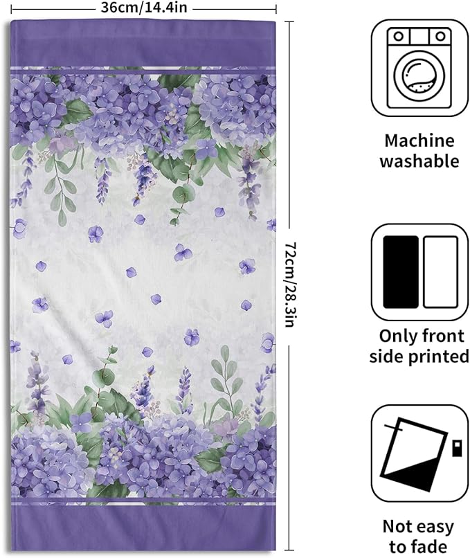 Imiss Purple Hydrangea Floral Hand Towels for Bathroom Set of 2, Watercolor Lavender Flowers Green Leaf Decor Face Bath Towels 14.4 x 28.3 Inch Seasonal Kitchen Dish Cloth for Hotel, Spa, Gym, Yoga