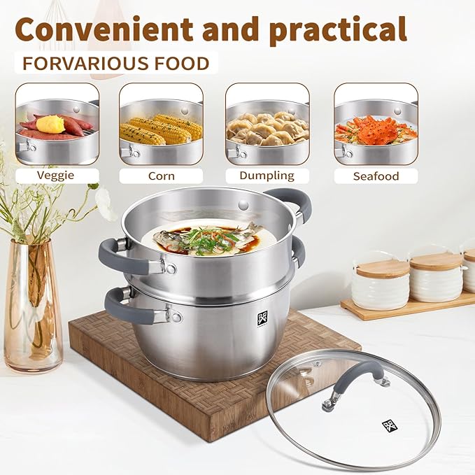 GOLDEN KEY 4.0 QT Steamer for Cooking,Steamer Pots with Vegetable Steam Basket,2-Tier Multipurpose 18/8 Stainless Steel Steaming Pot Cookware for Vegetable,Soup, Food,Dumplings,Oven & Dishwasher Safe