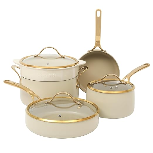 bloomhouse - Two Time Oprah's Favorite Things Winner - 8 Piece Pots and Pans Heavy Duty Aluminum Premium PFA Free Ceramic Nonstick Cookware Set - Almond Cream w/Gold Handle