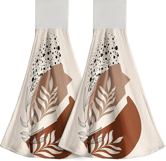 Giwawa Brown Boho Kitchen Hand Towels 2 Pieces Abstract Orange Hanging Tie Towels with Loop Soft Dishcloth for Bathroom Restroom Home Decor
