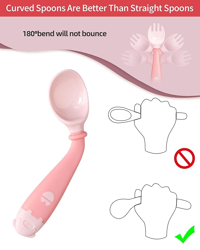 Deejoy Toddler Utensils with Travel Case, Baby Spoons and Forks Set for Self Feeding, Silicone Bendable Handle, Easy Grip Heat-Resistant, Self-feeding Flatware Sets for Kids (Stage 2) Pink