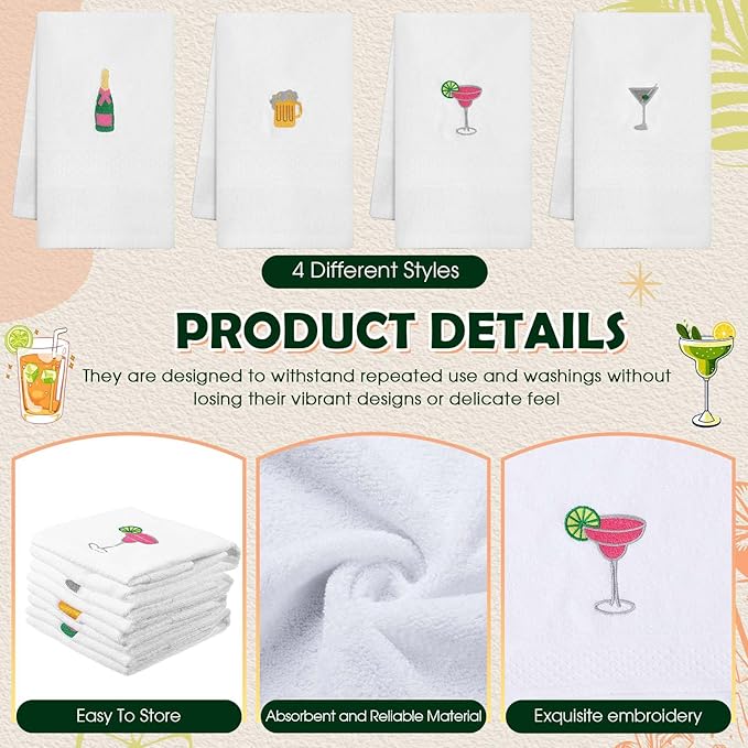 4 Pack Cocktail Drink Themed Towels Cotton Embroidered Hand Towels Gifts 29.5'' x 13.8'' Soft Absorbent Kitchen Bar Dish Cloths Bathroom Decorative Bachelorette Housewarming Party Supplies