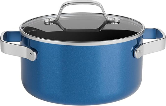 Bakken 5 Quart Ceramic Coated Stock Pot with Lid, Easy to Clean Nonstick Pot, Tempered Glass Lid, Riveted Stainless Steel Handles, Oven Safe Up To 500°F, PTFE & PFAS Free, All Stove Compatible, Blue