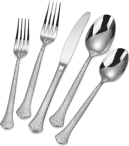 60-Piece Hammered Silverware Set for 12, 18/10 Stainless Steel Flatware Set, Heavy Duty Silverware Set Premium High End, Dishwasher Safe, Ideal for Gift