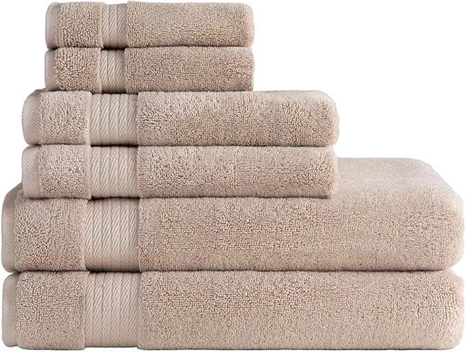 Ozdilek 6-Piece Bath Towel Set, 2 Bath, 2 Hand, 2 Wash, 100% Cotton Turkish Towels, 2 Bath Towels (30x60/550 GSM), 2 Hand Towels (16x30/575 GSM), 2 Washcloths (13x13/600 GSM) (Seahorse Beige)
