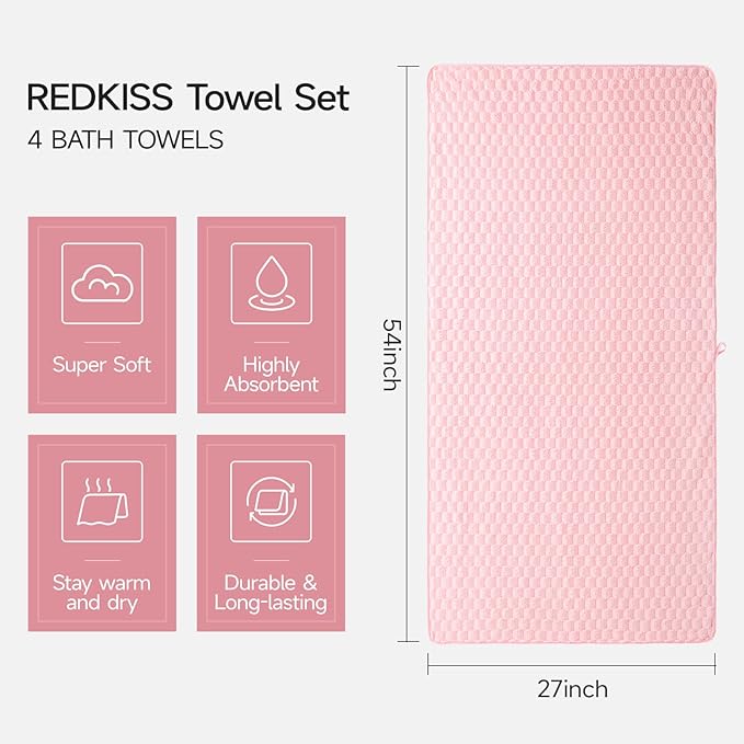 REDKISS 4 Pack Microfiber Bath Towels - Extra Large, Super Absorbent, Quick Dry Waffle Towels Set for Bathroom, Spa, Gym, and Travel - Luxury, Plush, 4 Multicolor