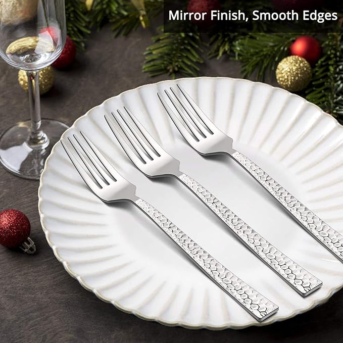 E-far 12-Piece Hammered Dinner Forks Set, 7.9 Inch Stainless Steel Forks for Home, Kitchen or Restaurant, Non-toxic & Mirror Polished, Squared Edge & Dishwasher Safe