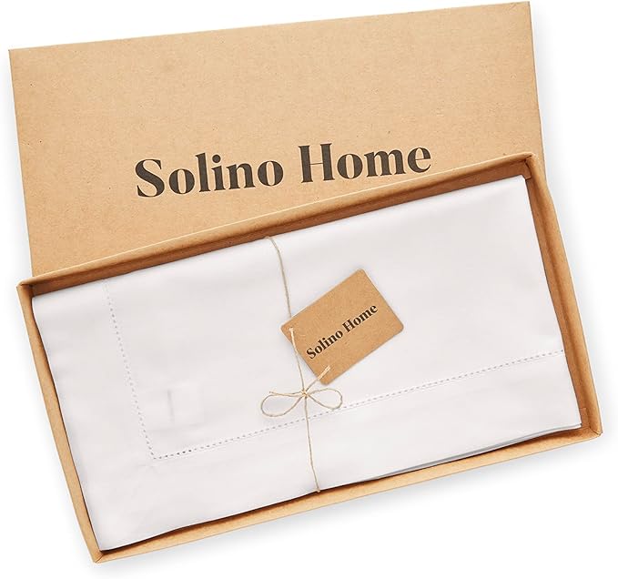 Solino Home White Tablecloth 52 x 52 Inch - Cotton Linen Hemstitch Square Tablecloth - Machine Washable Table Throw for Winter, Valentines, Holiday, New Year