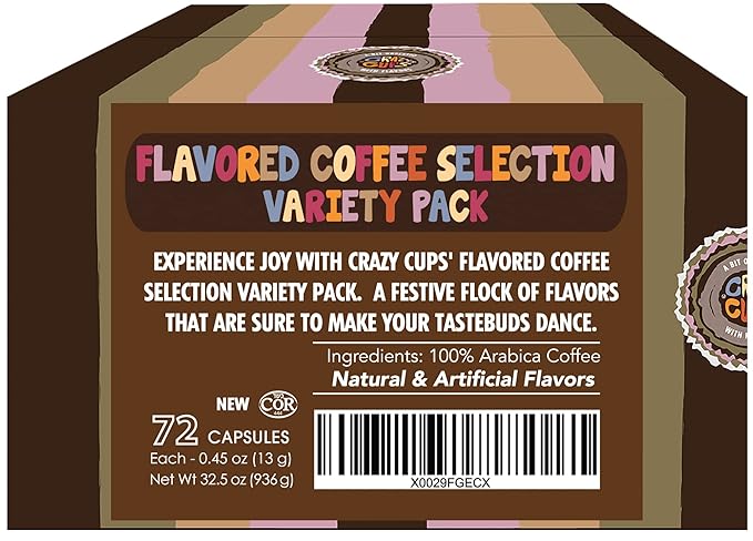 Crazy Cups Flavored Hot or Iced Coffee, for the Keurig K Cups Coffee 2.0 Brewers, Variety Pack, 72 Count