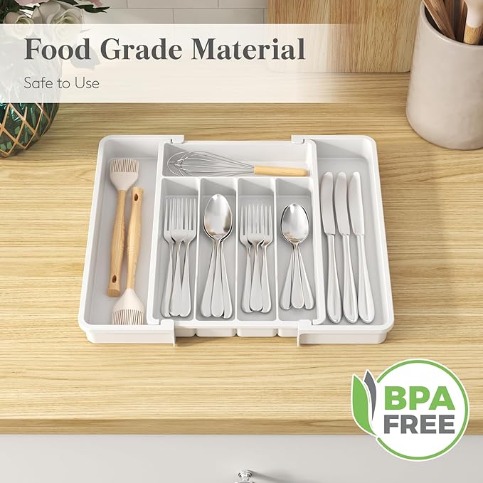 Lifewit Silverware Drawer Organizer, Expandable Utensil Tray for Kitchen, BPA Free Flatware and Cutlery Holder, Adjustable Plastic Storage for Spoons Forks Knives, 8.5"-14.1" x 12.1", White