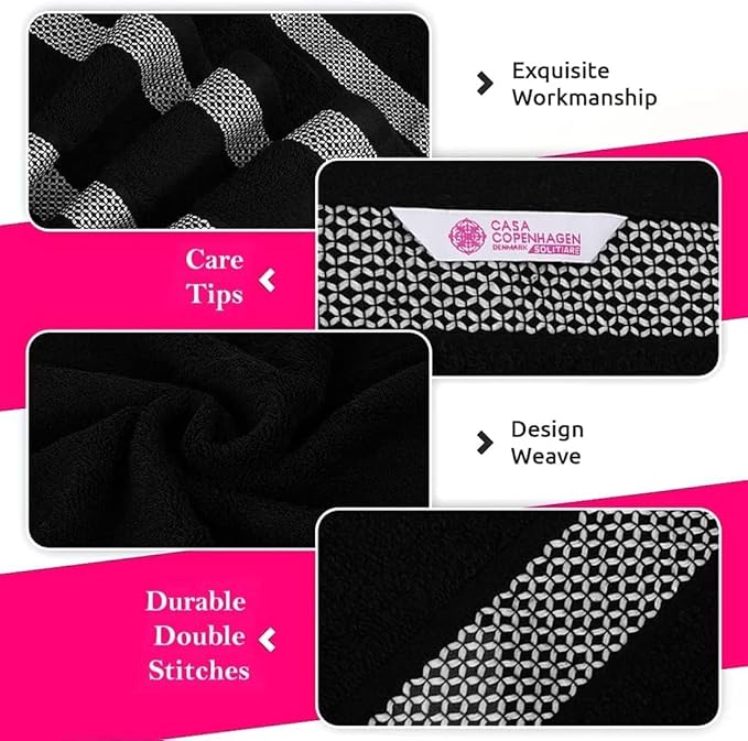 CASA COPENHAGEN Solitaire Mix 6 Pieces Towel Set- White + Jet Black, 600 GSM 2Bath Towel 2Hand Towel 2Washcloth, Designed in Denmark Made of Soft Egyptian Cotton for Bathroom, Kitchen & Shower