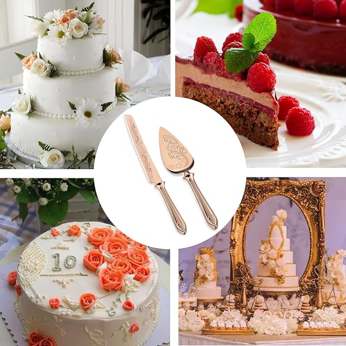 KSENDALO Wedding Cake Knife and Server Set Rose Gold Cake Cutting Set for Wedding, Deluxy SUS304 Stainless Steel Knife and Cake Server Set for Weddings, Birthdays & Anniversary(13.78inch Long)