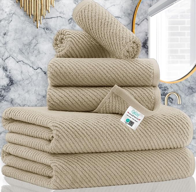 VOOVA & MOVAS Tan Bath Towels - 100% Cotton | Lightweight | Soft | Thick, 2 Bath 30"x56", 2 Hand 18"x28", 2 Washcloths 13"x13", Quick Dry Towels for Showering, Luxury Towel Gift Set, Dark Beige