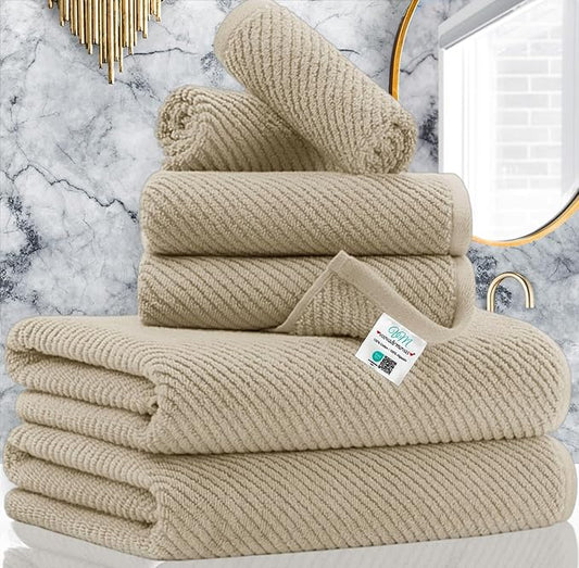 VOOVA & MOVAS Tan Bath Towels - 100% Cotton | Lightweight | Soft | Thick, 2 Bath 30"x56", 2 Hand 18"x28", 2 Washcloths 13"x13", Quick Dry Towels for Showering, Luxury Towel Gift Set, Dark Beige