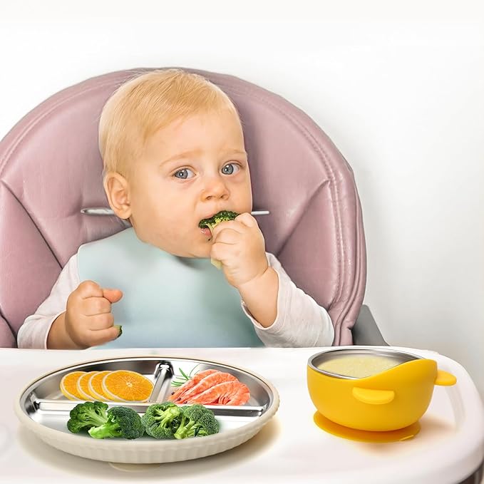 Stainless Steel Kids Plates and Bowls with Suction, Divided Baby Plate and Toddler Bowl with Removable Silicone Suction, Non-Slip Baby Feeding Set Dishwasher Safe, 4 Packs