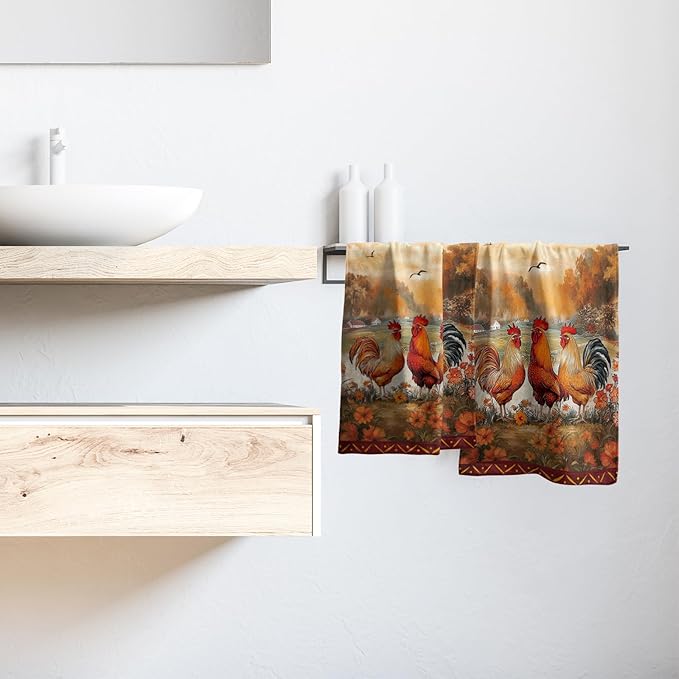 Imiss Farm Chicken Hand Towels Set of 2 Vintage Rooster Floral Bathroom Towel 14.4 x 28.3 Inch Farmhouse Rustic Kitchen Tea Dish Cloth for Guest Spa Home Housewarming Gift
