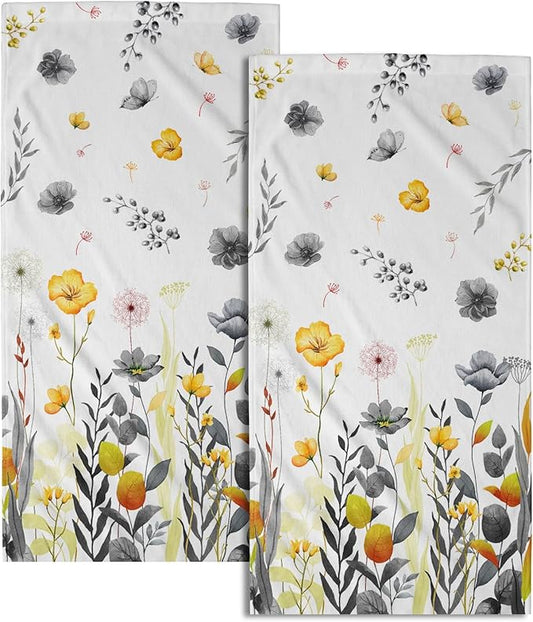 Imiss Grey Yellow Poppy Floral Hand Towel 14.4 x 28.3 Inch Watercolor Botanical Leaf Fingertip Towel Bath Washcloth for Bathroom Kitchen Home Spa，Set of 2
