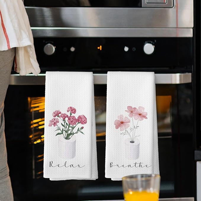 Pink Floral Bathroom Hand Towels, Cottagecore Botanical Roll Paper Hand Towel for Bathroom Decor, Relax Breath Pink Flower Decorative Towels for Washroom Toilet 16x24 Inch Set of 2