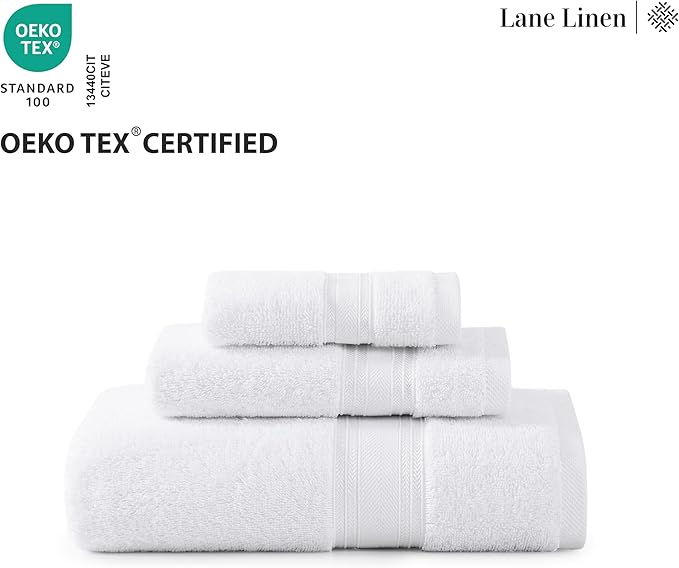 LANE LINEN Towel Set of 6 – 100% Mercerized Cotton, Zero Twist, 2 Large Bath Towel, 2 Hand Towels & 2 Wash Cloths, Quick Dry & Long-Lasting, Perfect for Family Bathrooms, Easy Care – White Towels