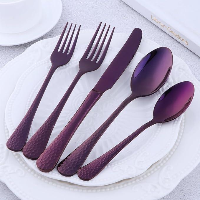 5-Piece Purple Silverware Flatware Set Service for 1 Stainless Steel Cutlery Set Include Dinner Knife Table Fork Table Spoon Salad Fork Tea Spoon for Wedding, Dishwasher Safe