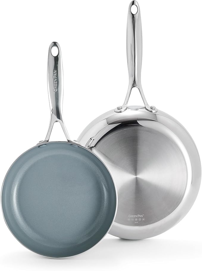 GreenPan Valencia Pro Tri-Ply Stainless Steel 8” and 10” Frying Pan Skillet Set, Ceramic Nonstick PFAS-Free Coating, Multi Clad Cookware, Induction, Dishwasher Oven and Broiler Safe