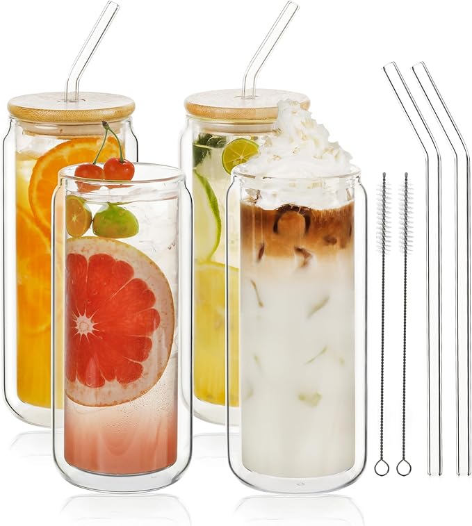 LIBWYS 16oz Double Wall Drinking Glass Cups with Bamboo Lids and Straws, 4 Pc Set – Condensation Resistant Insulated Glass Can Tumblers for Cold Drinks, Iced Coffee, Tea, Juice, Cleaning Brush
