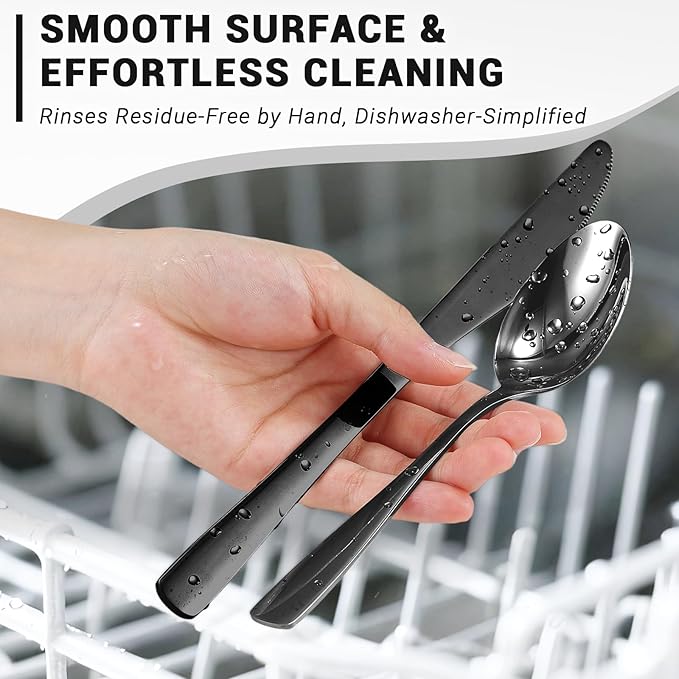 BEWOS 48-Pieces Black Silverware Set for 8 - Stainless Steel Flatware Set with Mirror Polish, Black Silverware Set Including Steak Knives, Forks and Spoons, Dishwasher Safe for Restaurant