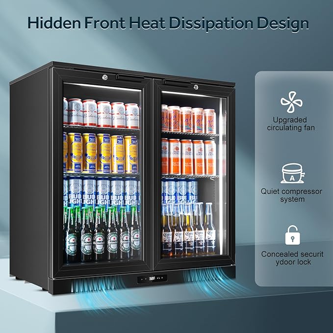 Tylza Back Bar Cooler With 2 Glass Doors, 7.2 Cu.Ft Under Counter Back Bar Refrigerator with LED Lighting, Safety Locks, Counter Height Bar Beverage Cooler for Beer, Soda Drinks, Wine, Black