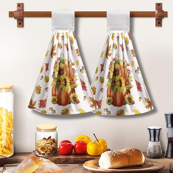 Fall Pumpkin Sunflower Bathroom Hand Tie Towel Autumn Maple Leaf Hanging Dish Towels Set of 2 Decorative Kitchen Towel Soft Absorbent Towels for Bathroom Kitchen Home Decor 17 * 12 Inch
