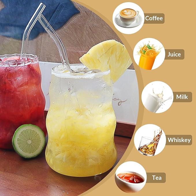 4 Pcs Ribbed Glass Cups, Vintage Drinking Glassware with Glass Straw 18 Oz Bubble Iced Coffee Cup for Juice, Tea, Beverage, Milk, Beer, Cocktails Ideal for Gift