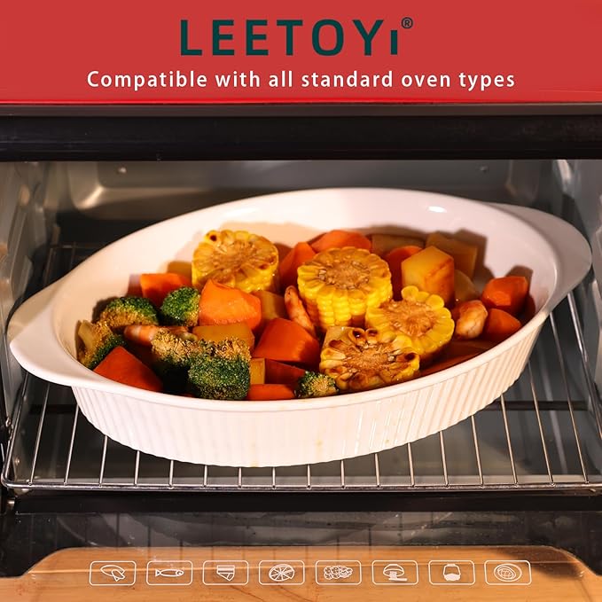 LEETOYI Porcelain 9x13 Large Oval Au Gratin Pans,Baking Dish for Servings, Bakeware with Double Handle for Kitchen and Home, White