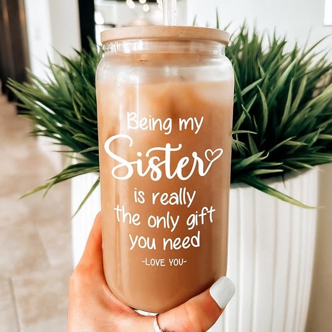 SANDJEST Sister Gift, Funny Sister Coffee Cup, 16 Oz Bamboo Lid & Straw - Gifts for Women, Birthday, Christmas