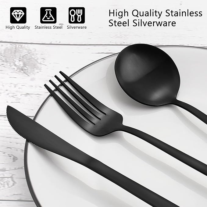 Matte Black Silverware Set, VANVRO 20-Piece Stainless Steel Flatware Set, Satin Finish tableware Cutlery Set, Service for 4, Home and Restaurant, Dishwasher Safe