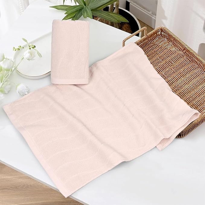 2-Piece Hand Towels for Bathroom with Wavy Striped Jacquard, Premium Quick Dry Spa Face Towels 13"x29", Blush Pink