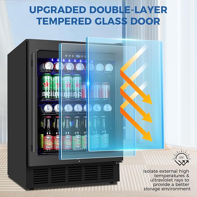 24 Inch Wide Beverage Refrigerator, Under Counter 24" Beverage Cooler with Glass Door, 180 Cans Drink Fridge Built-in/Freestanding Beer Fridge with Powerful Cooling for Home/Kitchen, Black