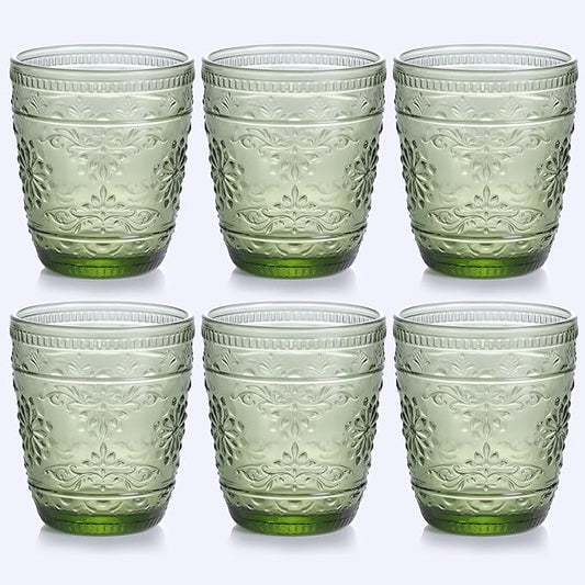 6Pcs Green Drinking Glassware, 10oz Drinking Glasses, Heavy Duty Glass Cups, Colored Embossed Glasses Set for Party Wedding Home Office Glassesware Gift