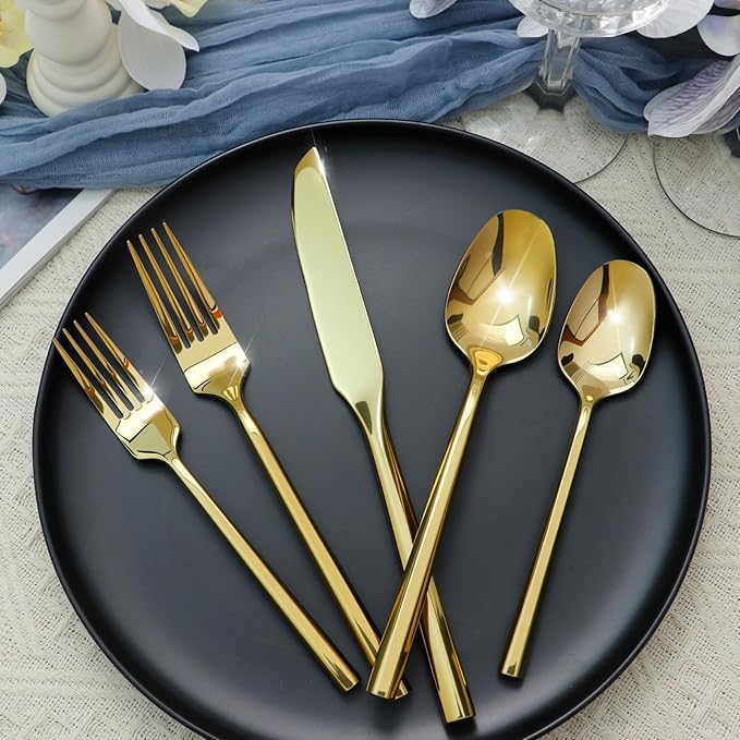 Silverware Set 40-Piece Stainless Steel Cutlery, Mirror Polishing Utensils, Gold Hexagon Flatware Sets, Service for 8