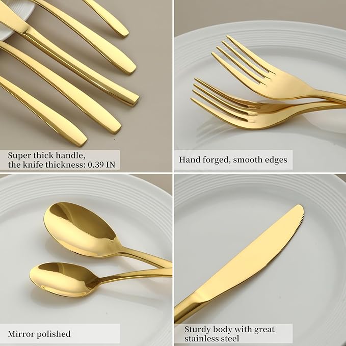 Gold 30 Piece Silverware Set,Stainless Steel Flatware Set for 6,18/0 Rust-Proof Cutlery Set with Forks & Spoons,Mirror Polished Dishwasher Safe - Heavy Duty Tableware for Home & Dining