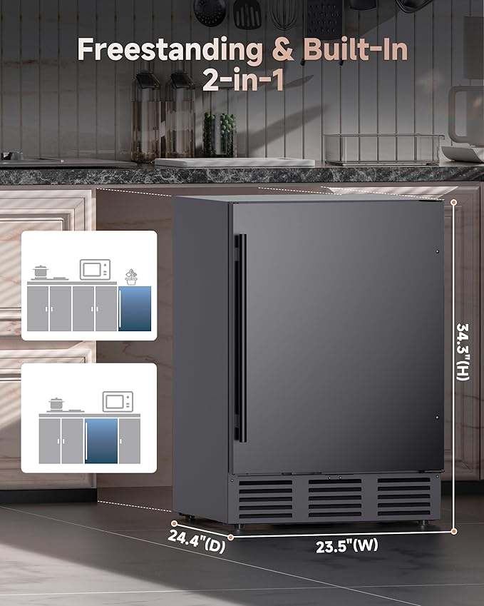 24 Inch 182-Can Beverage Refrigerator, Built-In Outdoor Beer Fridge with Stainless Steel Door, Low Noise Cooling for Soda & Wine, Under Counter Freestanding Design