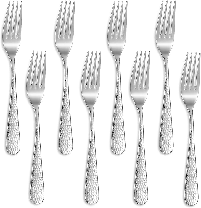 KEAWELL Premium 8-Piece Louise Hammered Fork Set, 18/10 Stainless Steel, Fine Fork Set with Round Edge, Brightly-Mirror polished, Dishwasher Safe. (8, 8" Dinner Forks)