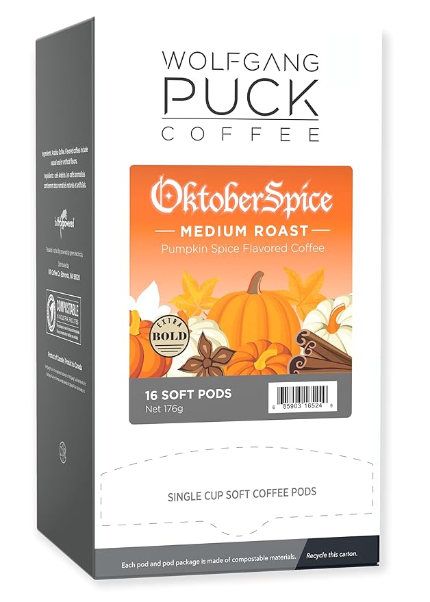 Wolfgang Puck Soft Coffee Pods, Oktober Spice, Medium Roast, 12 Gram, 16 count