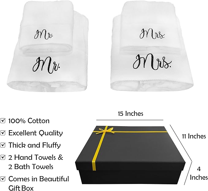 RUBBER BOND Mr and Mrs Towels Set with Gift Box - 4 Pack Bath and Hand Towels - Cotton Towels Set - Wedding, Honeymoon Gifts for The Couples - White Bathroom Towel Set with Black Embroidery